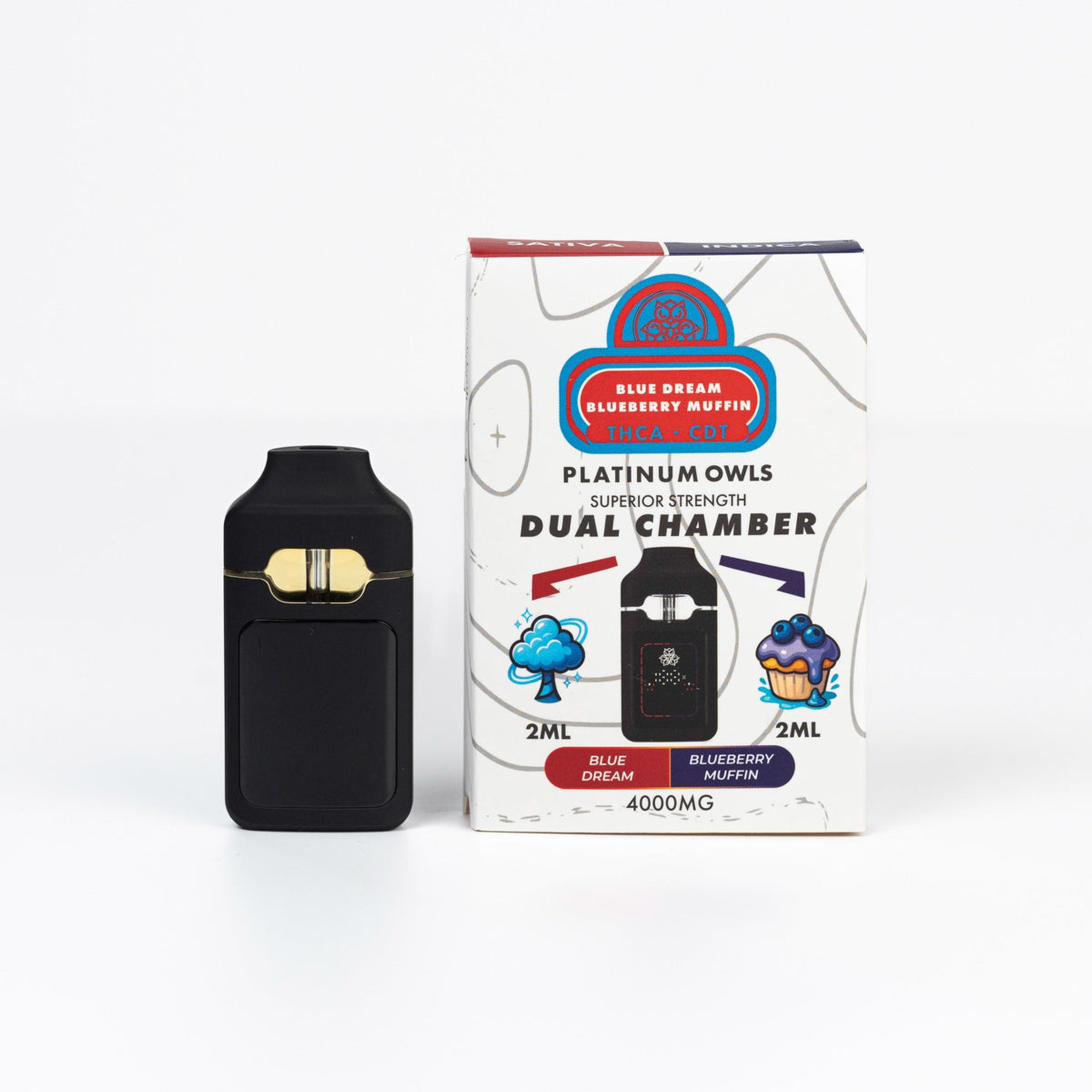 Platinum Owls Blue Dream & Blueberry Muffin 4ml dual chamber THCA vape Ireland