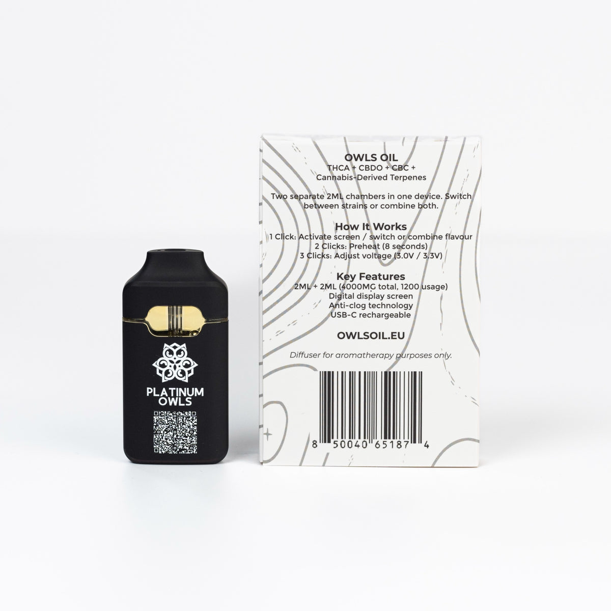 Platinum Owls Dual Chamber 4ml THCA vape back packaging with usage instructions
