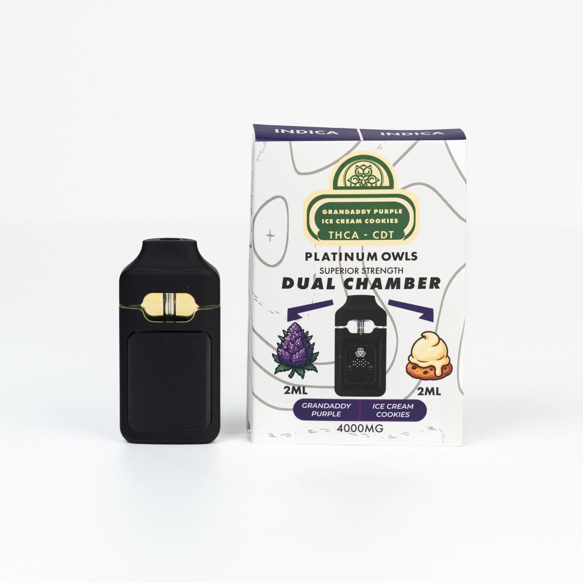 Platinum Owls Grandaddy Purple & Ice Cream Cookies 4ml dual chamber THCA vape Ireland