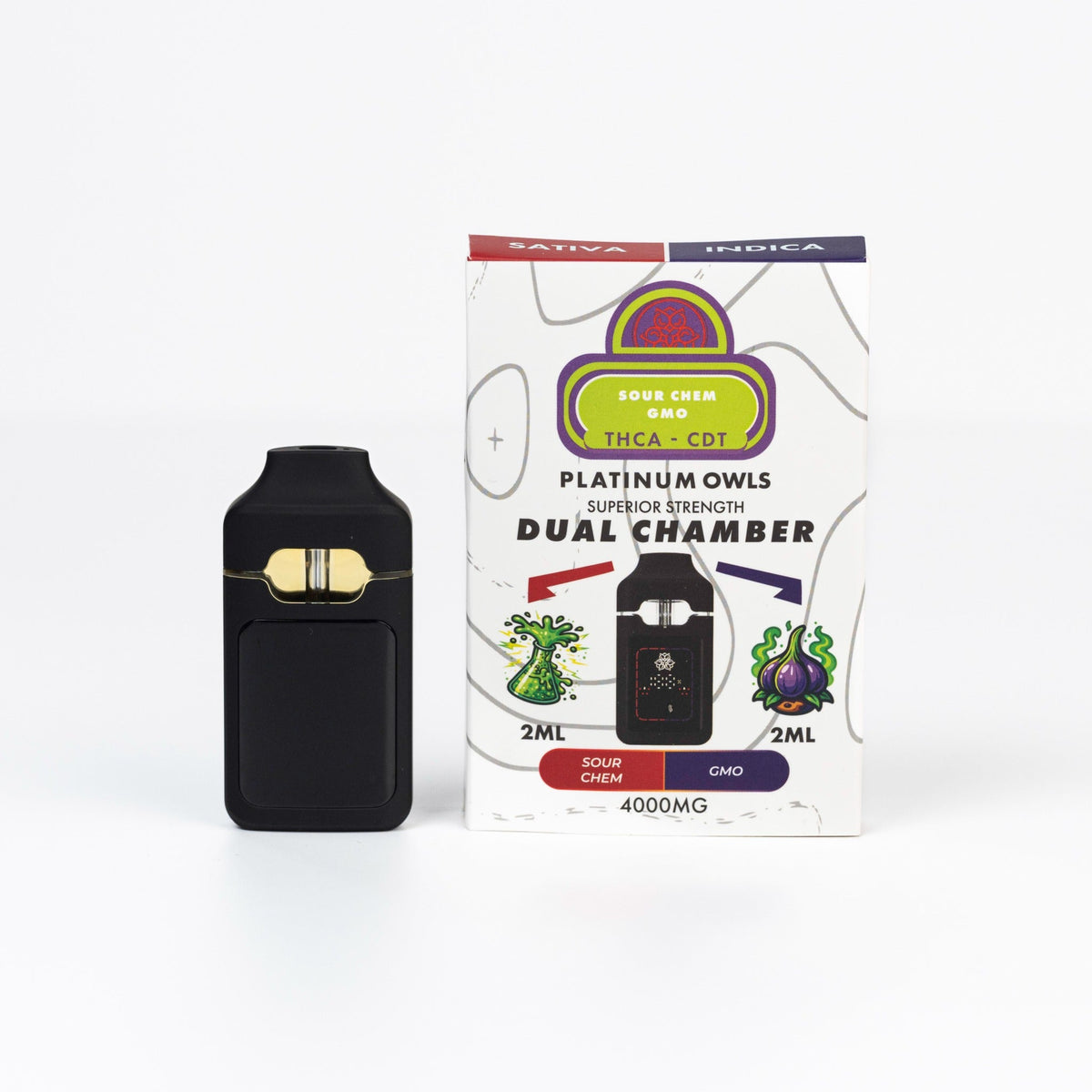 Platinum Owls Sour Chem & GMO 4ml dual chamber THCA vape Ireland